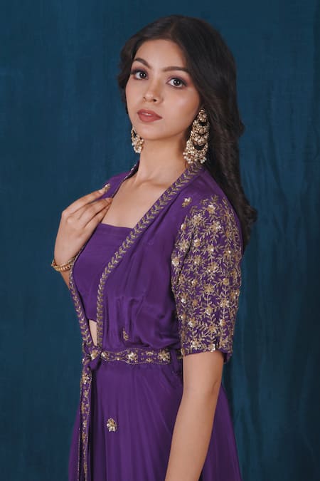 Saubhagya Purple Crepe Cut Work, Sequins, Embroidery Hand Cape Skirt Set Online at Aza Fashions Saubhagya_Purple Crepe Cut Work, Sequins, Embroidery Hand Cape Skirt Set _Online_at_Aza_Fashions
