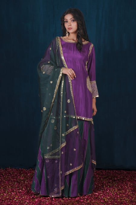 SAUBHAGYA Purple Opada Silk Hand Embroidery Acrylic Mirror Placement Kurta Sharara Set 