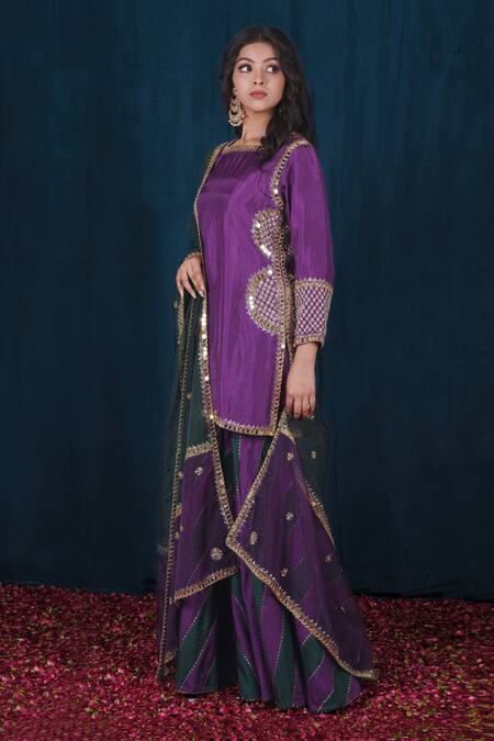Saubhagya_Purple Silk, Organza, Cotton Cut Work, Pearls, Placement Hand Kurta Sharara Set _Online_at_Aza_Fashions