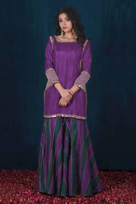 Shop_Saubhagya_Purple Silk, Organza, Cotton Cut Work, Pearls, Placement Hand Kurta Sharara Set _Online_at_Aza_Fashions