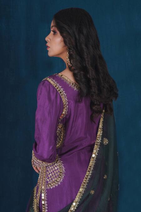 Saubhagya_Purple Silk, Organza, Cotton Cut Work, Pearls, Placement Hand Kurta Sharara Set _at_Aza_Fashions