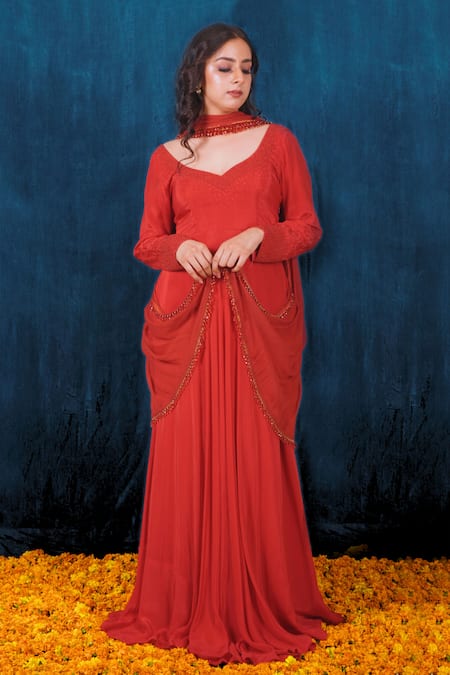 SAUBHAGYA Red Anarkali Crepe Placement Embroidery Cheer Tonal With Dupatta 
