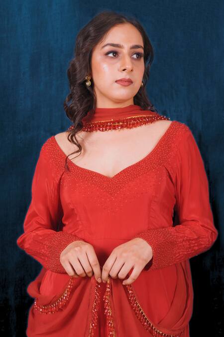 Buy_Saubhagya_Red Crepe, Chiffon Mirrors, Placement Tonal Embroidered Anarkali With Dupatta _Online_at_Aza_Fashions