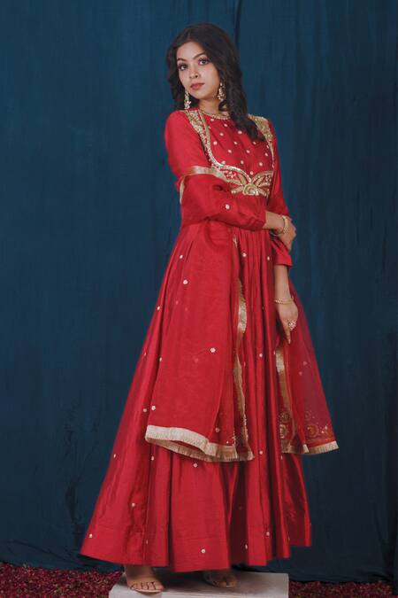 Saubhagya_Red Silk, Organza, Cotton Zari, Metallic Thread, Hand Anarkali With Dupatta _Online_at_Aza_Fashions
