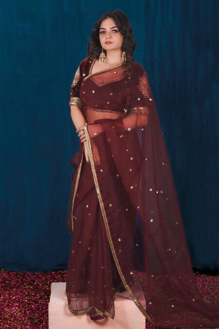 Buy_Saubhagya_Red Organza, , Satin Embroidery, Sequins, Butti Saree With Blouse _Online_at_Aza_Fashions