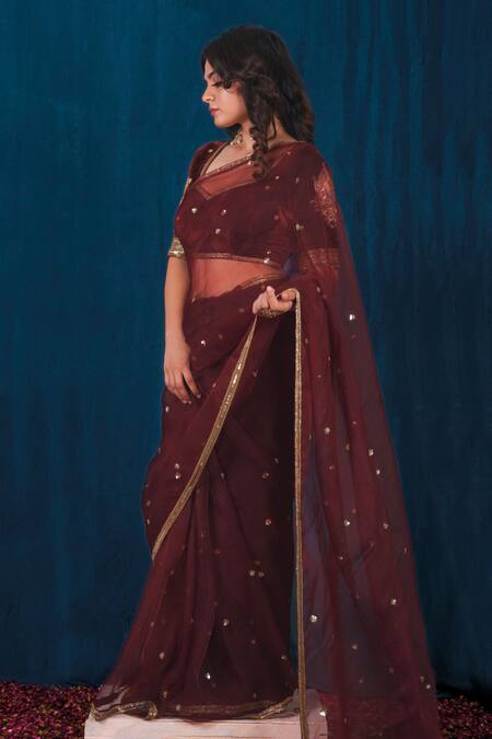 Shop_Saubhagya_Red Organza, , Satin Embroidery, Sequins, Butti Saree With Blouse _Online_at_Aza_Fashions