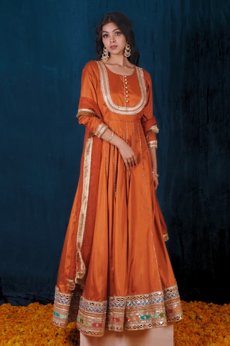 SAUBHAGYA Orange Anarkali Milan Taffeta Silk Embroidery Gota Round Neck With Dupatta 