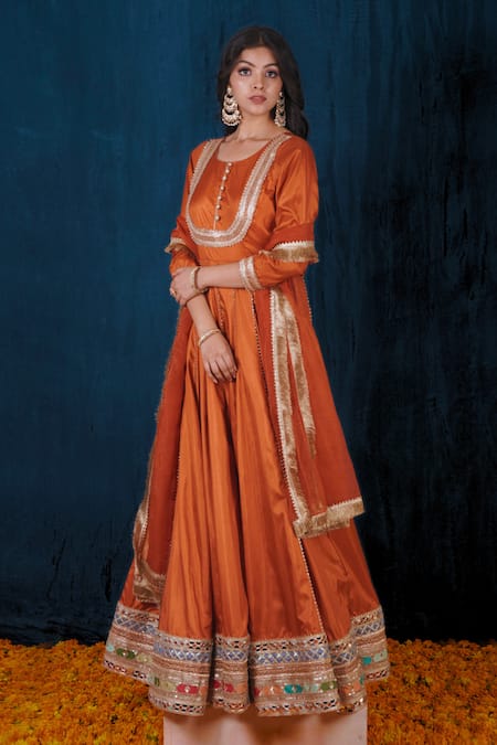 Saubhagya Orange Microfiber, Silk, Organza Gota Patti, Embroidered Anarkali With Dupatta Online at Aza Fashions Saubhagya_Orange Microfiber, Silk, Organza Gota Patti, Embroidered Anarkali With Dupatta _Online_at_Aza_Fashions