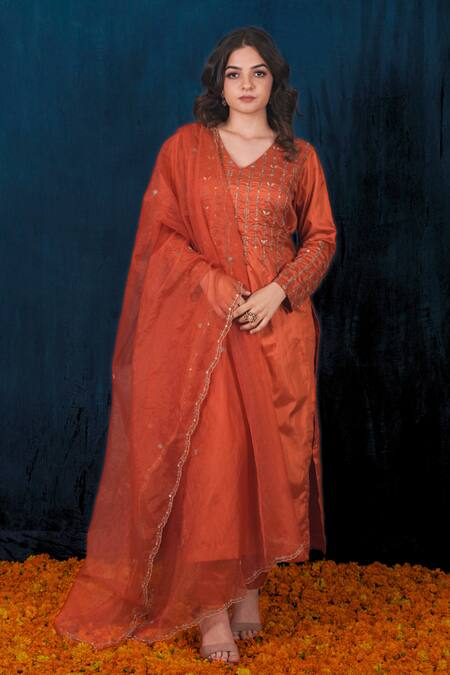 Buy_Saubhagya_Orange Microfiber, Organza, Silk Embroidery V-neck Hand Bodice Kurta Pant Set _Online_at_Aza_Fashions