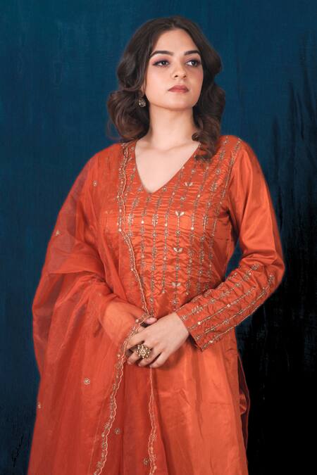 Shop_Saubhagya_Orange Microfiber, Organza, Silk Embroidery V-neck Hand Bodice Kurta Pant Set _Online_at_Aza_Fashions