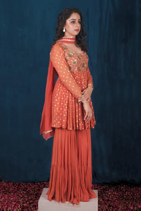 Saubhagya Orange Georgette Sequins, Embroidery Round Neck Hand Kurta Sharara Set Online at Aza Fashions Saubhagya_Orange Georgette Sequins, Embroidery Round Neck Hand Kurta Sharara Set _Online_at_Aza_Fashions