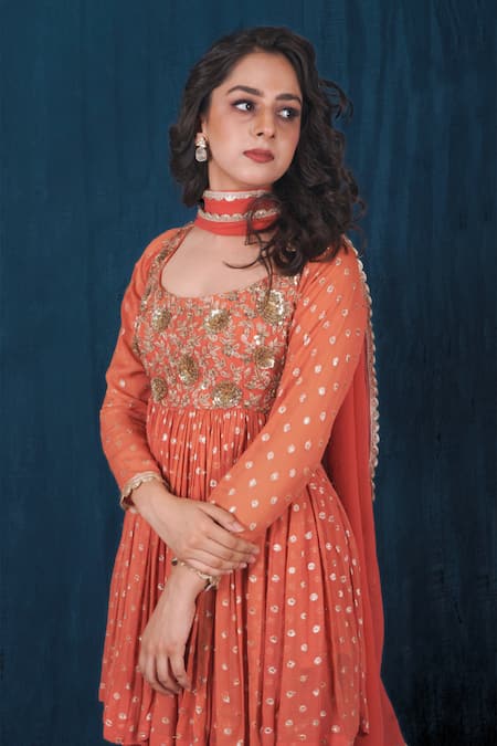 Buy Saubhagya Orange Georgette Sequins, Embroidery Round Neck Hand Kurta Sharara Set Online at Aza Fashions Buy_Saubhagya_Orange Georgette Sequins, Embroidery Round Neck Hand Kurta Sharara Set _Online_at_Aza_Fashions