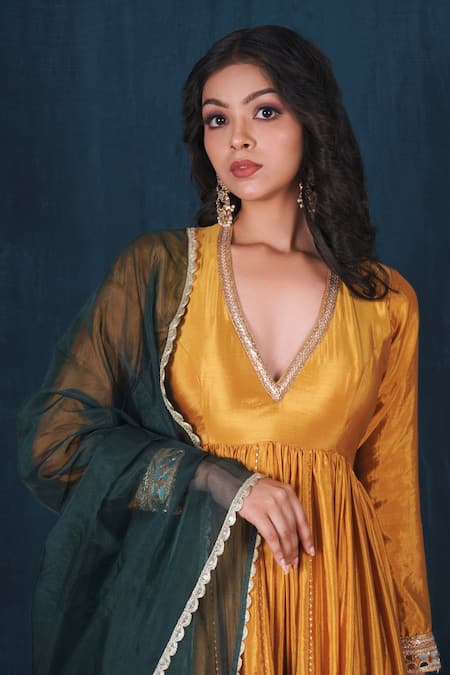 Saubhagya_Yellow Silk, Organza Gota Patti, Mirrors, Placement Work Anarkali With Dupatta _Online_at_Aza_Fashions