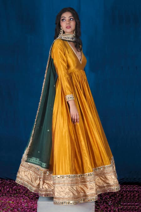 Saubhagya_Yellow Silk, Organza Gota Patti, Placement Work Anarkali With Contrast Dupatta _Online_at_Aza_Fashions