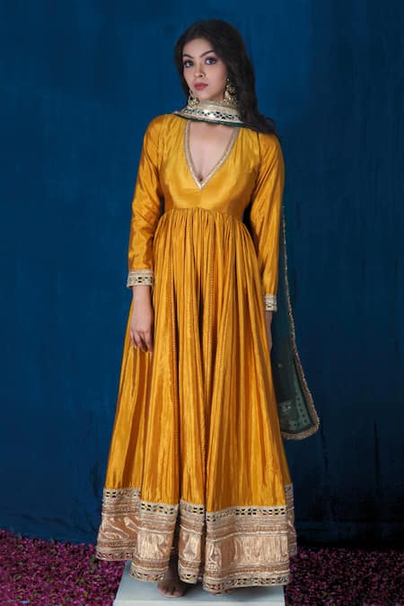 Buy_Saubhagya_Yellow Silk, Organza Gota Patti, Placement Work Anarkali With Contrast Dupatta _Online_at_Aza_Fashions