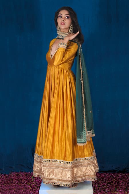 Shop_Saubhagya_Yellow Silk, Organza Gota Patti, Placement Work Anarkali With Contrast Dupatta _Online_at_Aza_Fashions