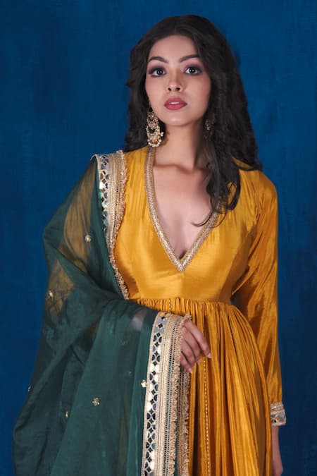 Saubhagya_Yellow Silk, Organza Gota Patti, Placement Work Anarkali With Contrast Dupatta _at_Aza_Fashions