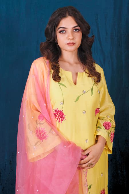 Shop Saubhagya Yellow Chanderi Silk, Organza Embroidery, Sequins Split V-neck Kurta Pant Set Online at Aza Fashions Shop_Saubhagya_Yellow Chanderi Silk, Organza Embroidery, Sequins Split V-neck Kurta Pant Set _Online_at_Aza_Fashions