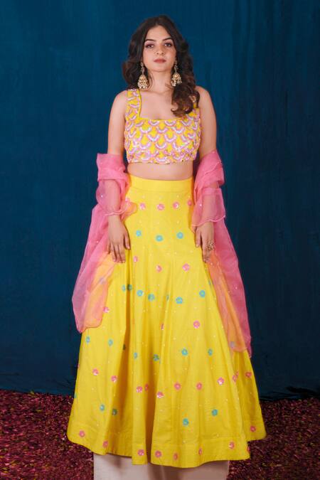 Saubhagya Yellow Silk, Organza Sequins, Metallic Thread Hand Embroidered Lehenga Set Online at Aza Fashions Saubhagya_Yellow Silk, Organza Sequins, Metallic Thread Hand Embroidered Lehenga Set _Online_at_Aza_Fashions