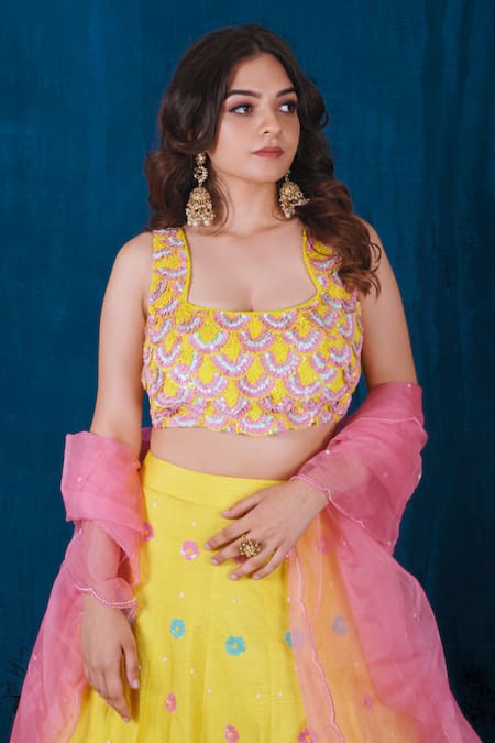 Buy Saubhagya Yellow Silk, Organza Sequins, Metallic Thread Hand Embroidered Lehenga Set Online at Aza Fashions Buy_Saubhagya_Yellow Silk, Organza Sequins, Metallic Thread Hand Embroidered Lehenga Set _Online_at_Aza_Fashions