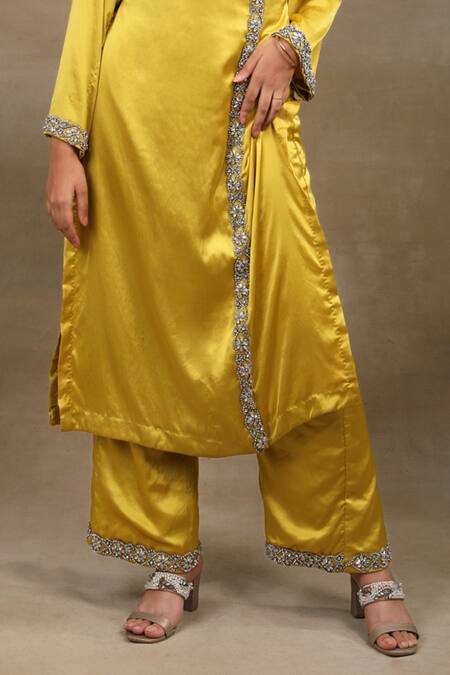 Saubhagya_Yellow Modal, Satin, Linen Stones V-neck Placement Embellished Kurta With Pant _Online_at_Aza_Fashions