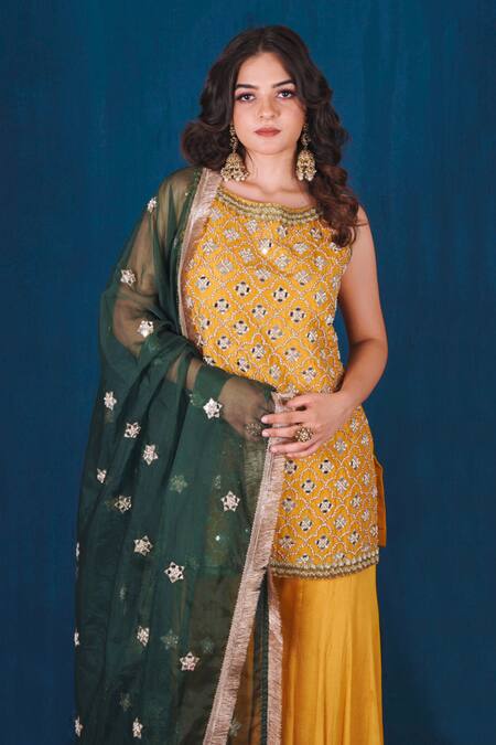 Saubhagya Yellow Silk, Chiffon, Organza Mirrors, Zari Hand Embroidered Kurta Sharara Set Online at Aza Fashions Saubhagya_Yellow Silk, Chiffon, Organza Mirrors, Zari Hand Embroidered Kurta Sharara Set _Online_at_Aza_Fashions