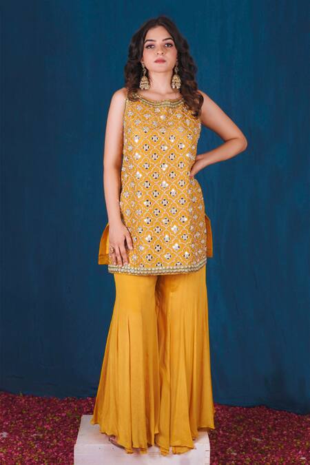 Buy Saubhagya Yellow Silk, Chiffon, Organza Mirrors, Zari Hand Embroidered Kurta Sharara Set Online at Aza Fashions Buy_Saubhagya_Yellow Silk, Chiffon, Organza Mirrors, Zari Hand Embroidered Kurta Sharara Set _Online_at_Aza_Fashions