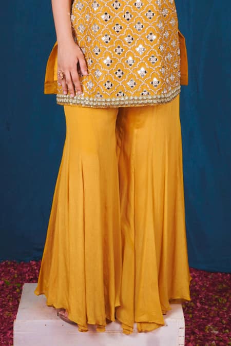 Shop Saubhagya Yellow Silk, Chiffon, Organza Mirrors, Zari Hand Embroidered Kurta Sharara Set Online at Aza Fashions Shop_Saubhagya_Yellow Silk, Chiffon, Organza Mirrors, Zari Hand Embroidered Kurta Sharara Set _Online_at_Aza_Fashions