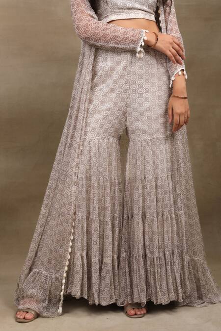 Buy_Saubhagya_Off White Chiffon, Linen Embroidery Open Neck Hand Block Print Cape Sharara Set _Online_at_Aza_Fashions