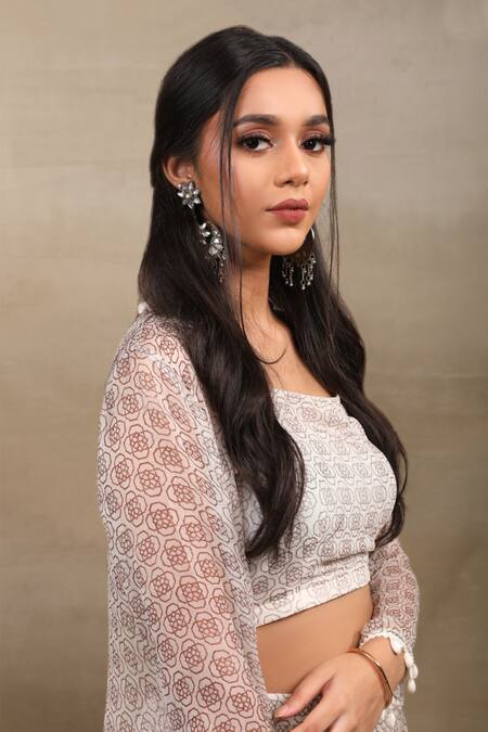 Shop_Saubhagya_Off White Chiffon, Linen Embroidery Open Neck Hand Block Print Cape Sharara Set _Online_at_Aza_Fashions