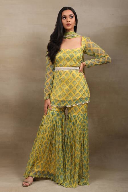 Saubhagya_Yellow Chiffon Pom-poms Square Neck Hand Block Print Kurta Sharara Set _Online_at_Aza_Fashions