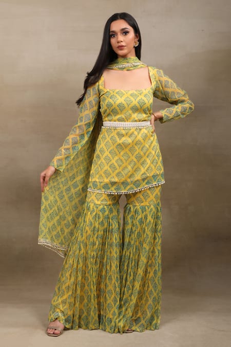 Buy_Saubhagya_Yellow Chiffon Pom-poms Square Neck Hand Block Print Kurta Sharara Set _Online_at_Aza_Fashions
