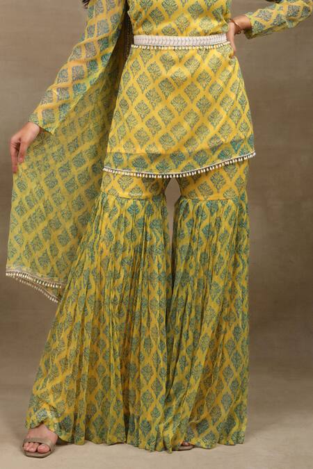 Shop_Saubhagya_Yellow Chiffon Pom-poms Square Neck Hand Block Print Kurta Sharara Set _Online_at_Aza_Fashions