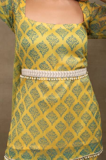 Saubhagya_Yellow Chiffon Pom-poms Square Neck Hand Block Print Kurta Sharara Set _at_Aza_Fashions