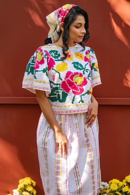 Prachi Kamat_White Cotton, Linen Embroidery Round Neck Portuguese Print Top And Skirt _Online_at_Aza_Fashions