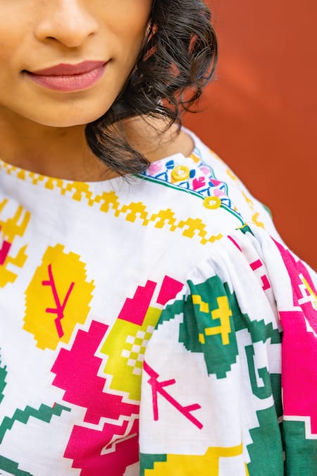 Buy_Prachi Kamat_White Cotton, Linen Embroidery Round Neck Portuguese Print Top And Skirt _Online_at_Aza_Fashions