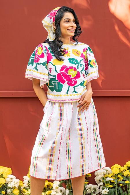 Shop_Prachi Kamat_White Cotton, Linen Embroidery Round Neck Portuguese Print Top And Skirt _Online_at_Aza_Fashions