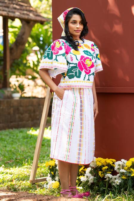 Prachi Kamat_White Cotton, Linen Embroidery Round Neck Portuguese Print Top And Skirt _at_Aza_Fashions