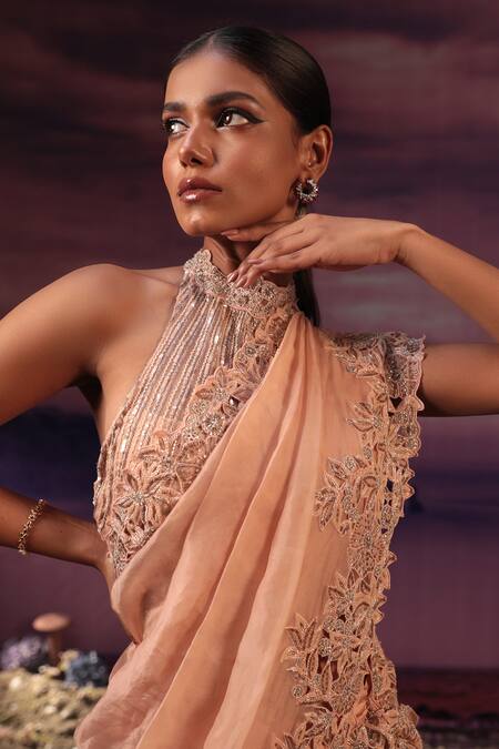 Buy_COUTURE BY NIHARIKA_Peach Satin, Organza Beads, Cut Floral Border Embroidered Saree With Blouse _Online_at_Aza_Fashions