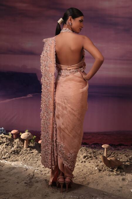 Shop_COUTURE BY NIHARIKA_Peach Satin, Organza Beads, Cut Floral Border Embroidered Saree With Blouse _at_Aza_Fashions