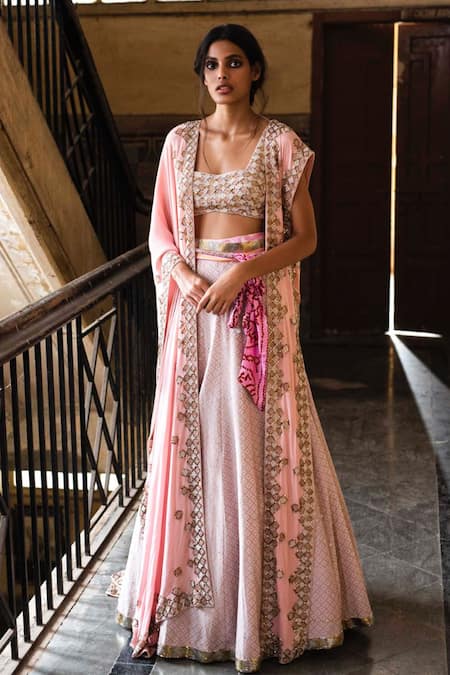 ANUSHKA KHANNA Checkered Jaal Embellished Cape Lehenga Set 