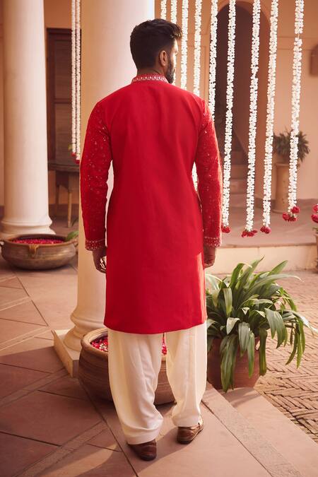 Shop_Lashkaraa_Red Silk, Linen, Cotton Sequins Tonal Floral Embroidered Kurta Set_at_Aza_Fashions