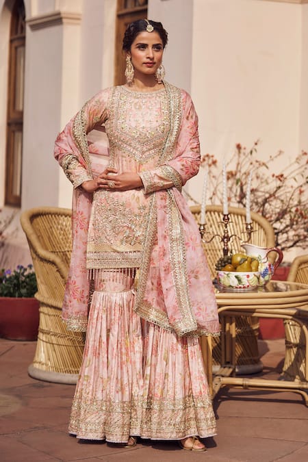 LASHKARAA Pink Silk Embroidery Zari Round Neck Floral Sequin Kurta Sharara Set