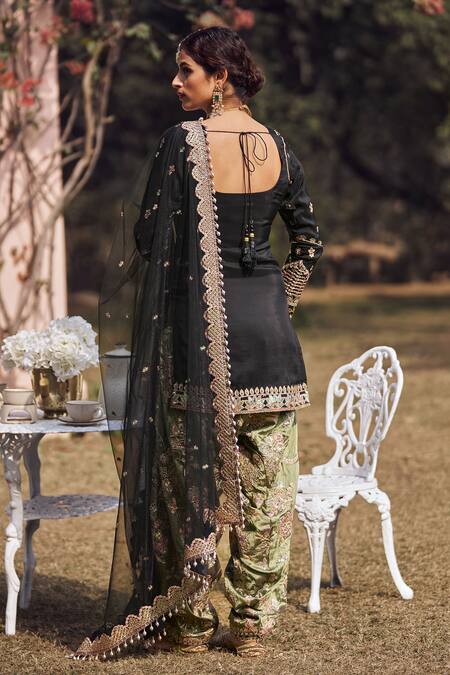 Shop_Lashkaraa_Black Silk, Chiffon Sequins, Stones, Embroidery, Zari Flower Vine Kurta Set_at_Aza_Fashions