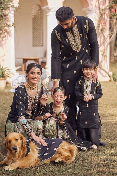 Shop_Lashkaraa_Black Silk, Chiffon Sequins, Stones, Embroidery, Zari Flower Vine Kurta Set_Online_at_Aza_Fashions