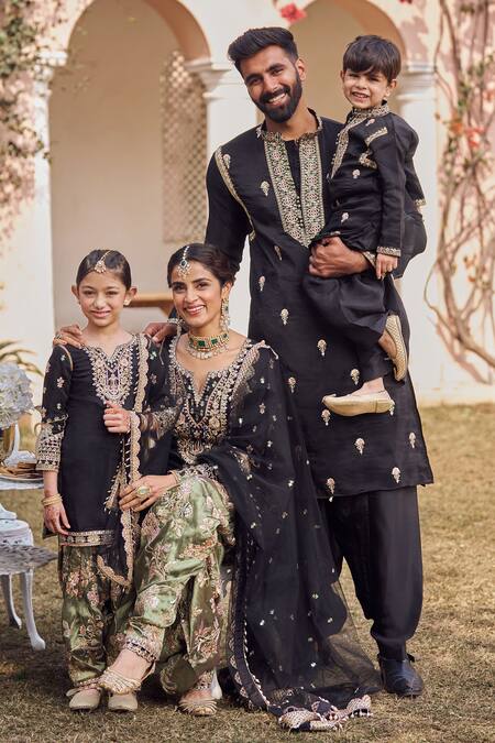 Lashkaraa_Black Silk, Chiffon Sequins, Stones, Embroidery, Zari Flower Vine Kurta Set_at_Aza_Fashions