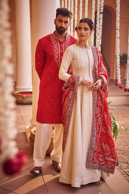 Buy Lashkaraa Off White Silk, Linen Sequins, Zari Brocade Butti Anarkali Set With Dupatta Online at Aza Fashions Buy_Lashkaraa_Off White Silk, Linen Sequins, Zari Brocade Butti Anarkali Set With Dupatta_Online_at_Aza_Fashions