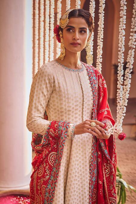 Shop Lashkaraa Off White Silk, Linen Sequins, Zari Brocade Butti Anarkali Set With Dupatta Online at Aza Fashions Shop_Lashkaraa_Off White Silk, Linen Sequins, Zari Brocade Butti Anarkali Set With Dupatta_Online_at_Aza_Fashions