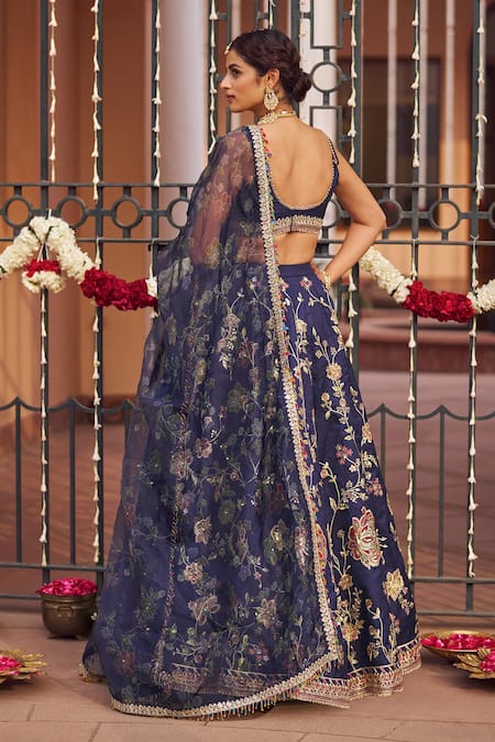 Shop_Lashkaraa_Blue Silk, Linen Sequins, Zari, Embroidery V-neck Flower Vine Lehenga Set _at_Aza_Fashions