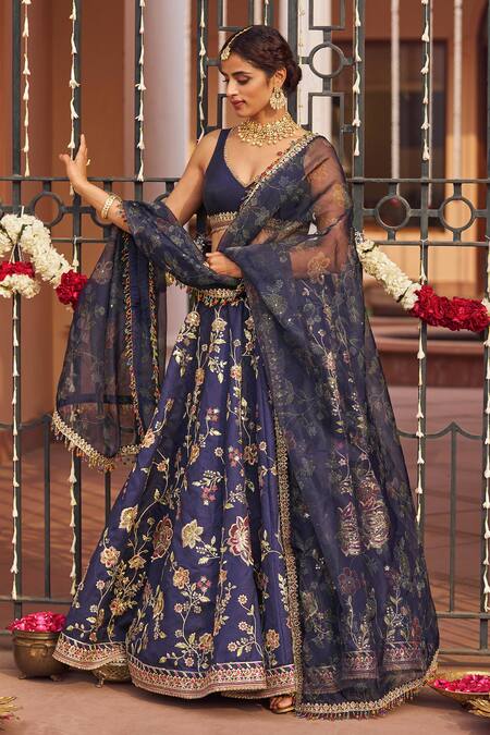 Buy_Lashkaraa_Blue Silk, Linen Sequins, Zari, Embroidery V-neck Flower Vine Lehenga Set _Online_at_Aza_Fashions